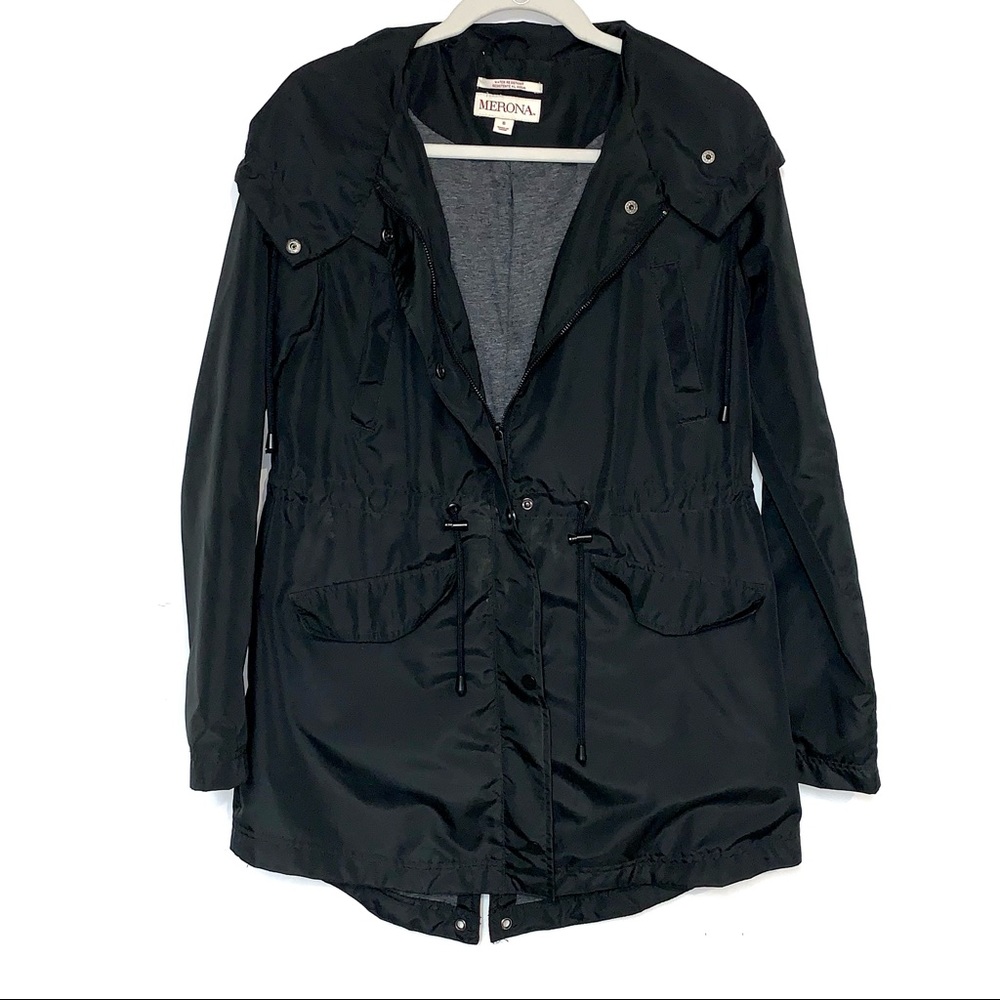 Merona Black Hooded Lined Longline Utility Rain Jacket Women’s Size Small